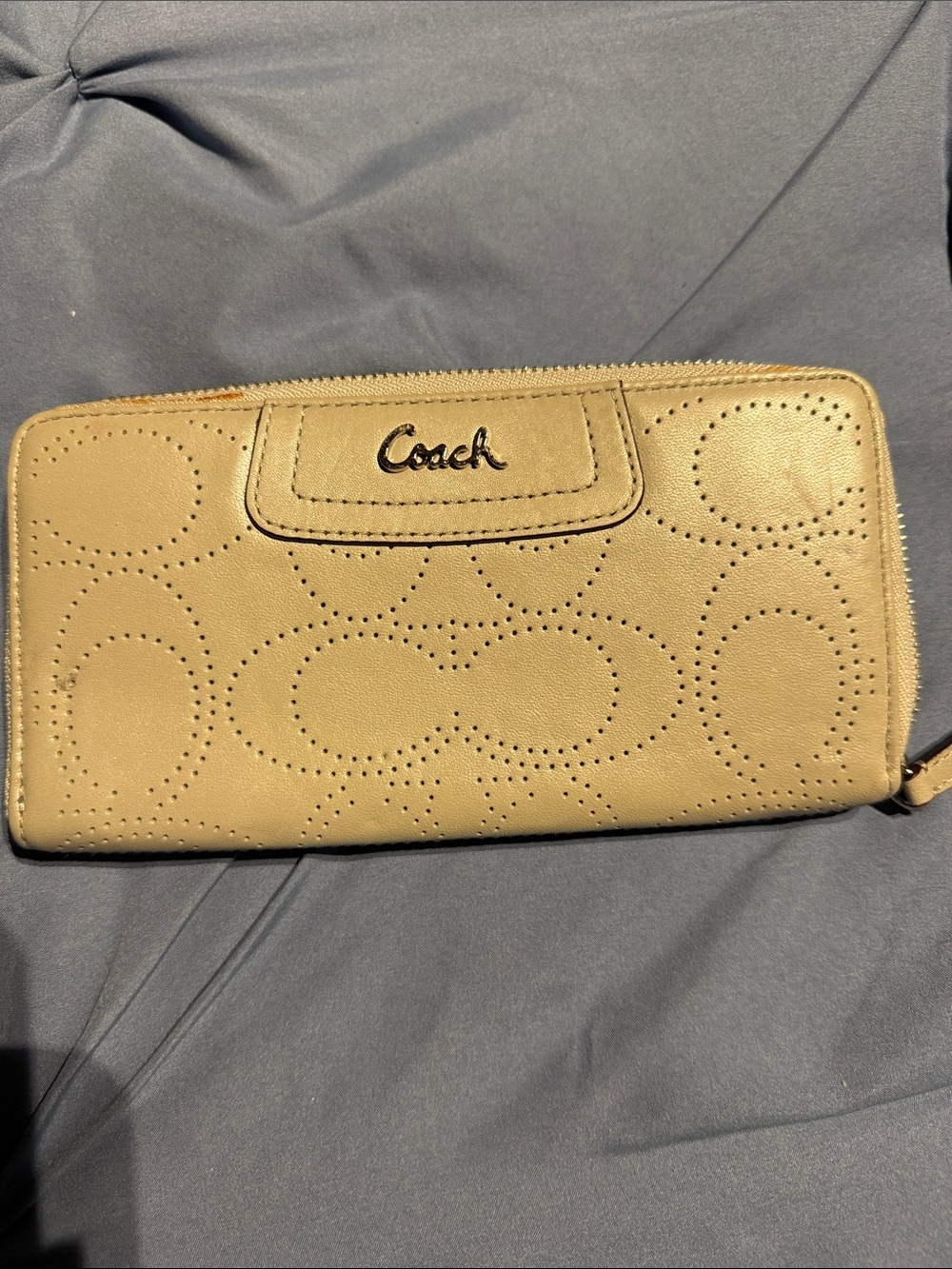 Coach Perforated Signature Zip Wallet in Beige